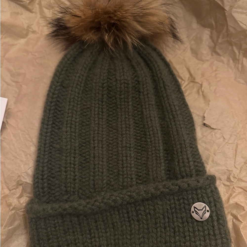 Green Knit Beanie with Faux Fur Pom